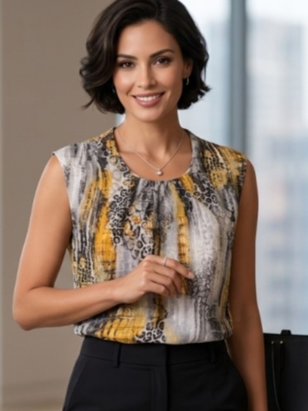 Sleeveless Printed Shell Top in Yellow and Gray